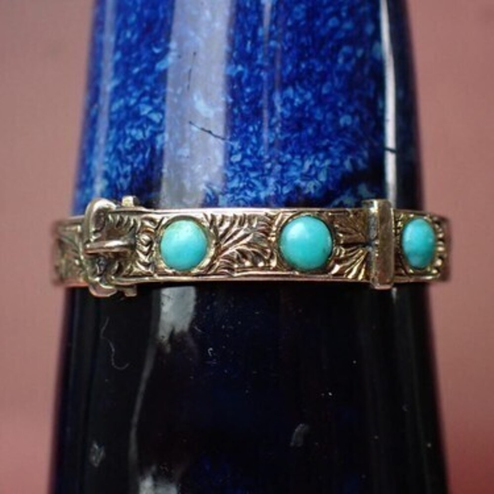 Antique 9ct Gold & Turquoise Engraved Slim Buckle Ring